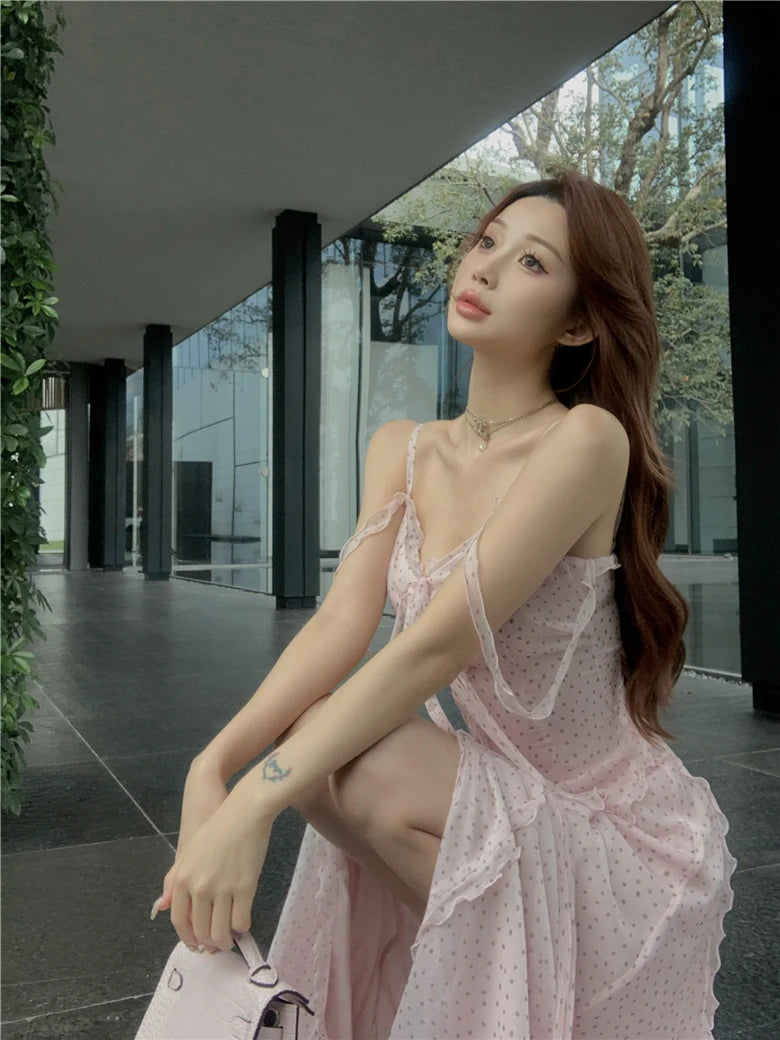Aiertu Sweet Gentle Style Dresses V-neck Suspender Dress Ruffled Edges Loose Fluttering Straps Split Super Fairy Long Vestido Aiertu