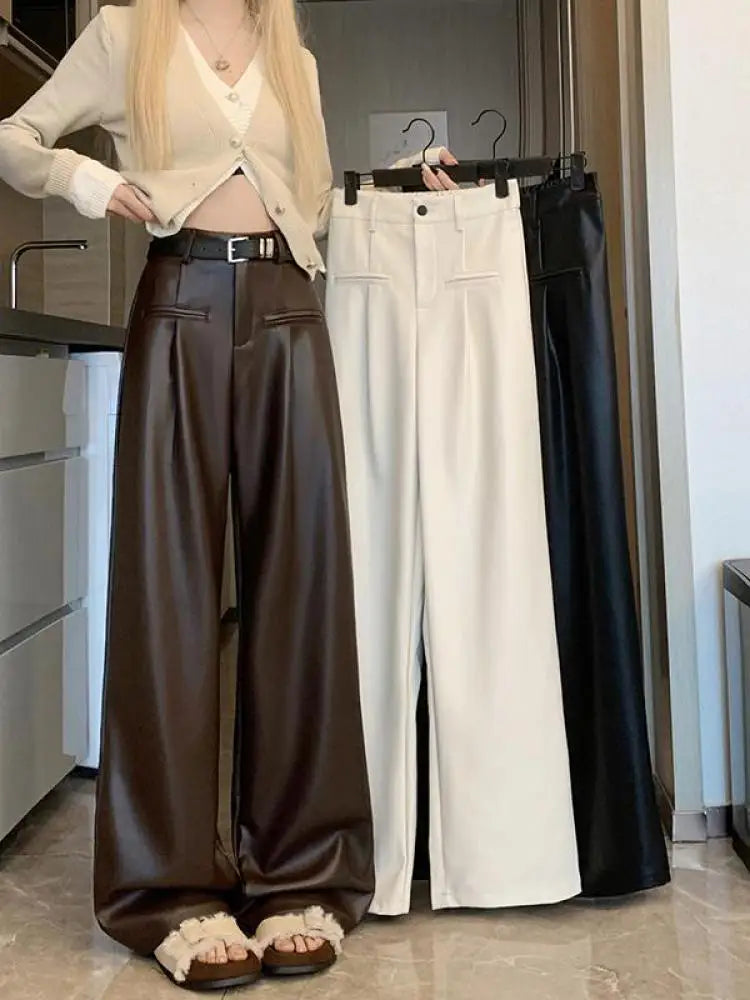New White Casual Fashion Female Pu Wide Leg Pants Winter Black Office Lady Loose High Waist Simple Women Brown Leather Trousers Aiertu