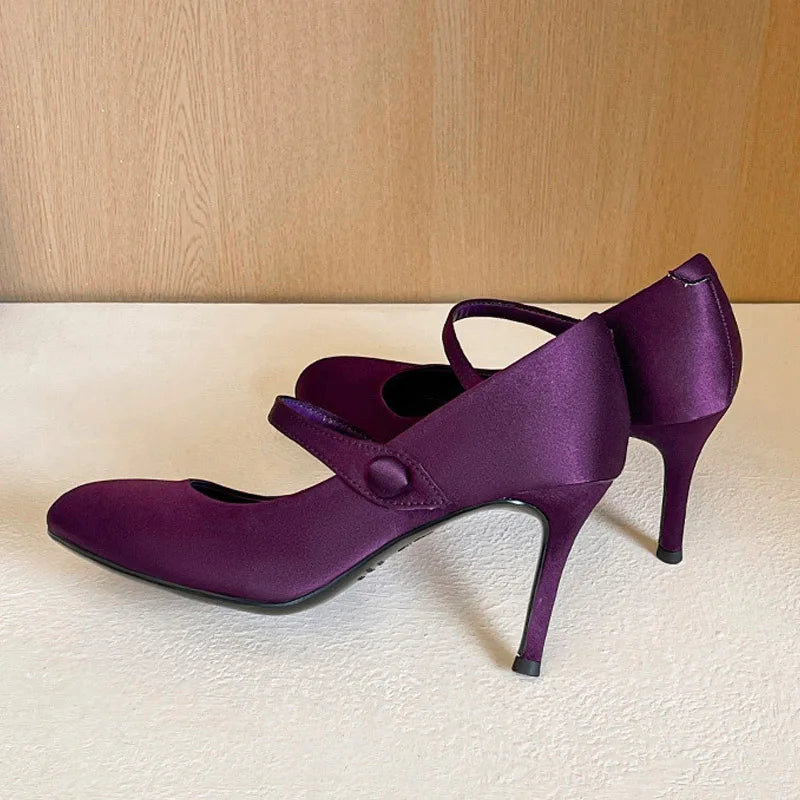 AIERTU  -  New Fashion Satin Round Toe Buckle Strap Women Pumps Concise Elegant Thin High Heels Banquet Dress Shoes Aiertu