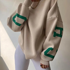 Aiertu Autumn and Winter Women's Pullover Round Neck Loose Letter Print Screw Thread Long Sleeve Underlay Fashion Casual Commuter Tops Aiertu