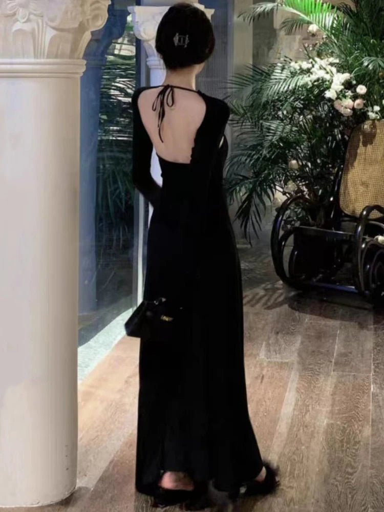 Aiertu Vintage Elegant Halter Bcakless Black Long Dress Women Retro Wrap Party Long Sleeve Maxi Dresses 2024 Spring Aiertu