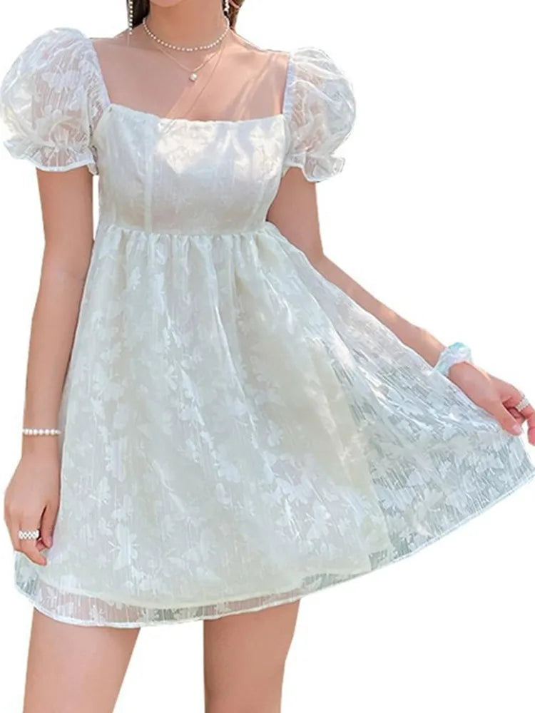 Aiertu Sweet White Princess Ball Gown Mini Dress Fairycore E-Girls Puff Short Sleeve Square Neck Short A-Line Butterfly Printing Dresse Aiertu