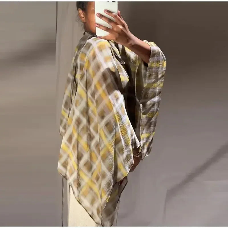AIERTU  -  Women's Suit Matching Sets Plaid Scarf Cape Midi Skirt Vacation Casual Skirt Two-piece Set New In Matching Sets Releases In Sets Aiertu