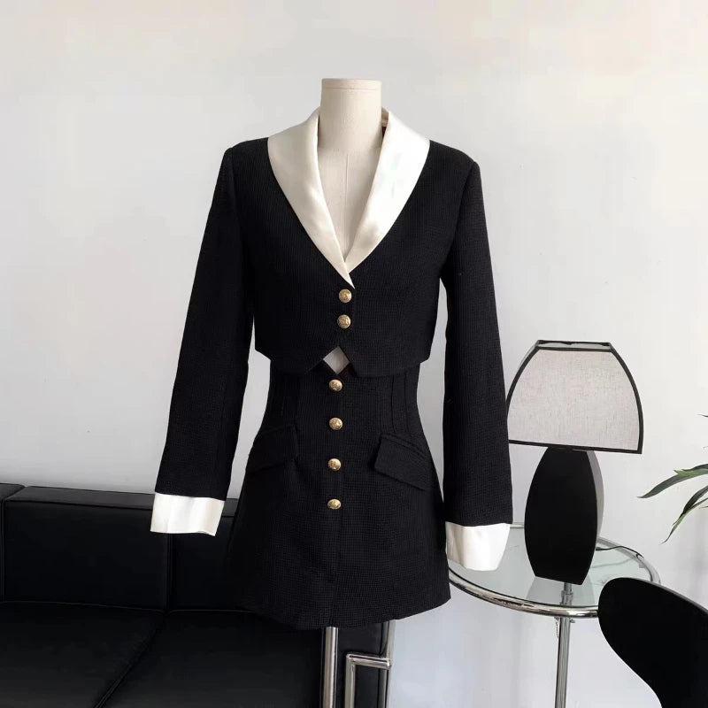 Aiertu Winter Elegant Blazer Skirt Set Outfits Black Fashion 2 Piece Set Office Lady Y2k Crop Tops Slim Mini Skirt Woman Korean Aiertu