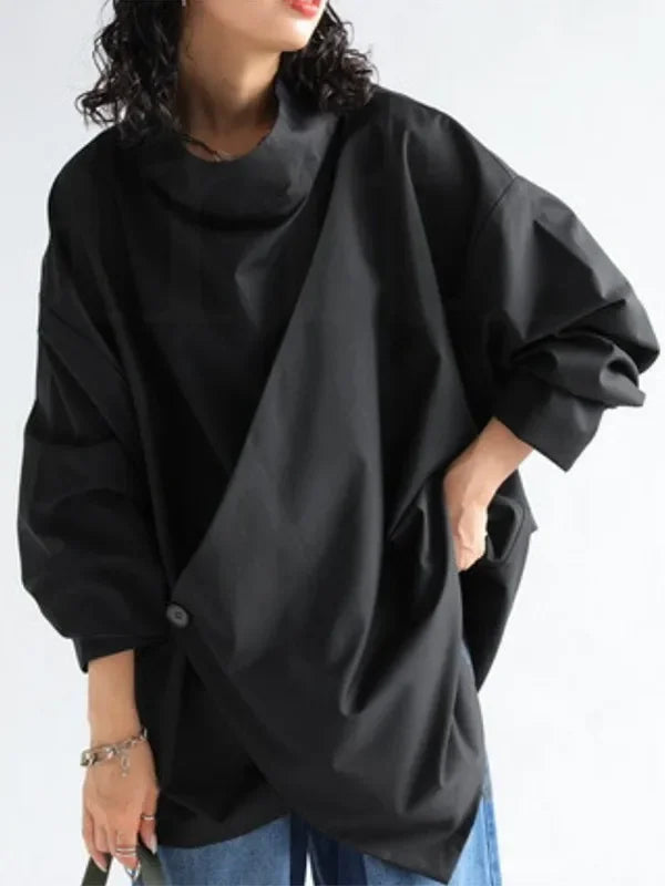 Aiertu 2024 New Black Long Sleeves Loose High Neck T-Shirts Tops Womens Spring Buttoned Casual Simpie Top Aiertu