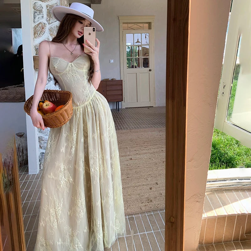 AIERTU  -  Summer French Vintage Mori Girl Style Dress Women's Lace Jacquard Tulle Strap Party Dress Elegant Heavy Slim Vacation Long Dress Aiertu