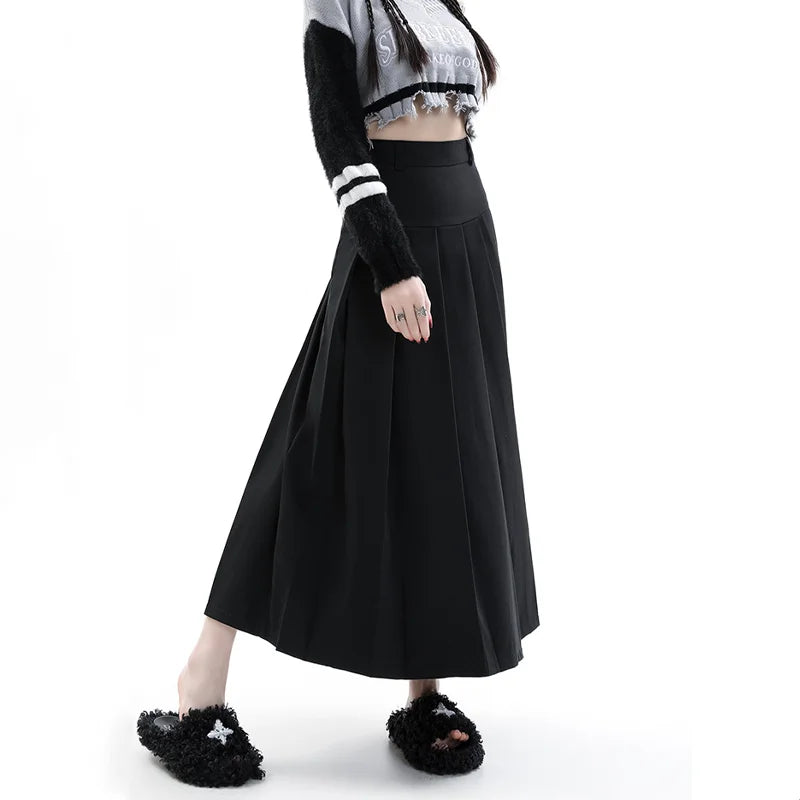 Aiertu Vintage Grey Suit A-line Skirt Women's Spring Autumn College Style High Waist Pleated Mid Length Skirt Femal aiertu