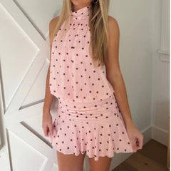 AIERTU  -  Women Y2K Aesthetic Fairy  Halter Mini Dress Summer Dot Print Sleeveless Backless Tiered Ruffle Dress Female Mini Dress Aiertu