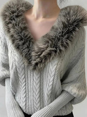 AIERTU  -  Batwing Sleeve Women Sweaters Fur Collar V Neck Vintage Warm Pullovers Korean Fashion Autumn Winter Thick Pull Femme Aiertu