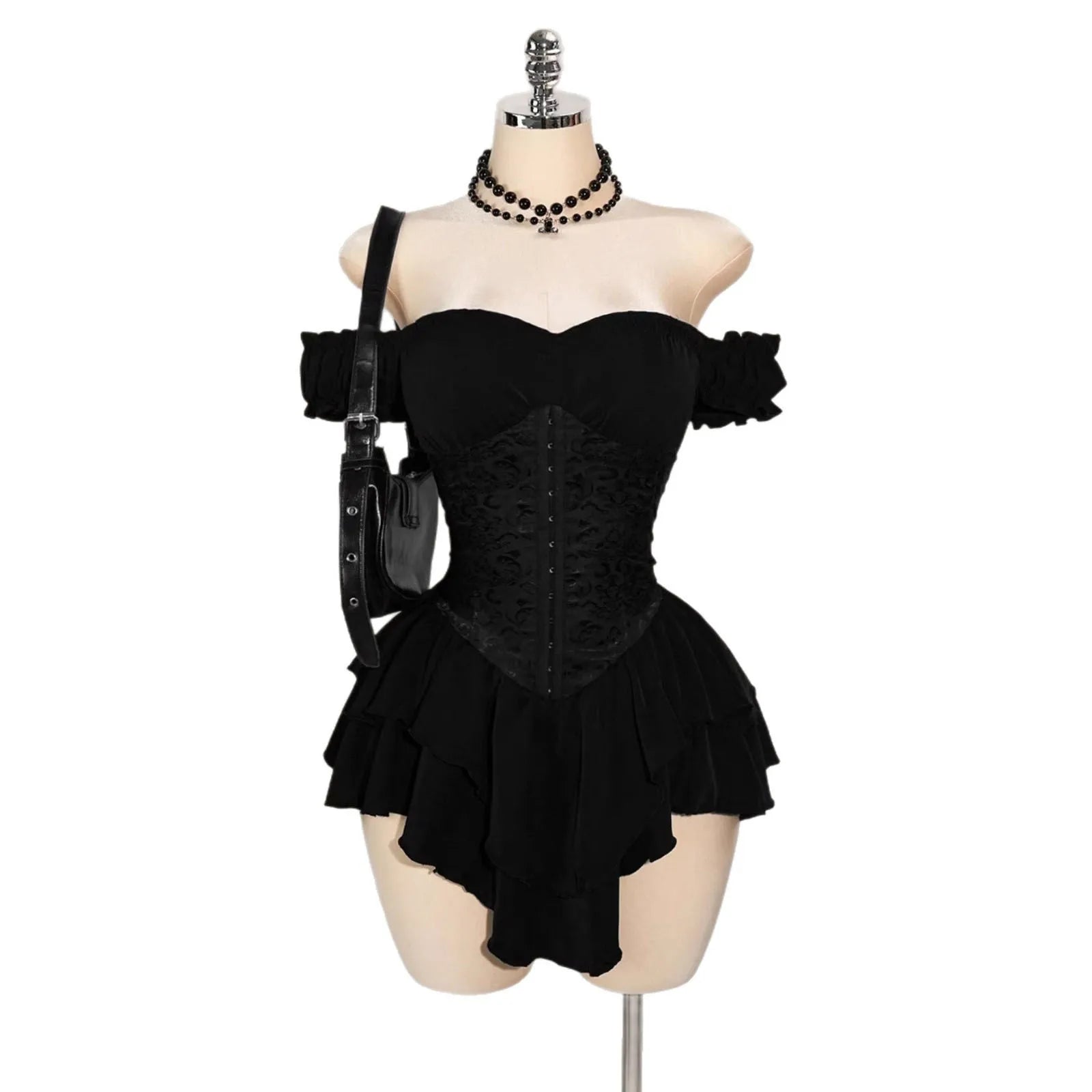 AIERTU  -  Women Dress A-line Lace Splicing Multi-layer Ruffle Edge Short Sleeve Off Shoulder High Waist Slim Solid Color Simple Mini Dress Aiertu