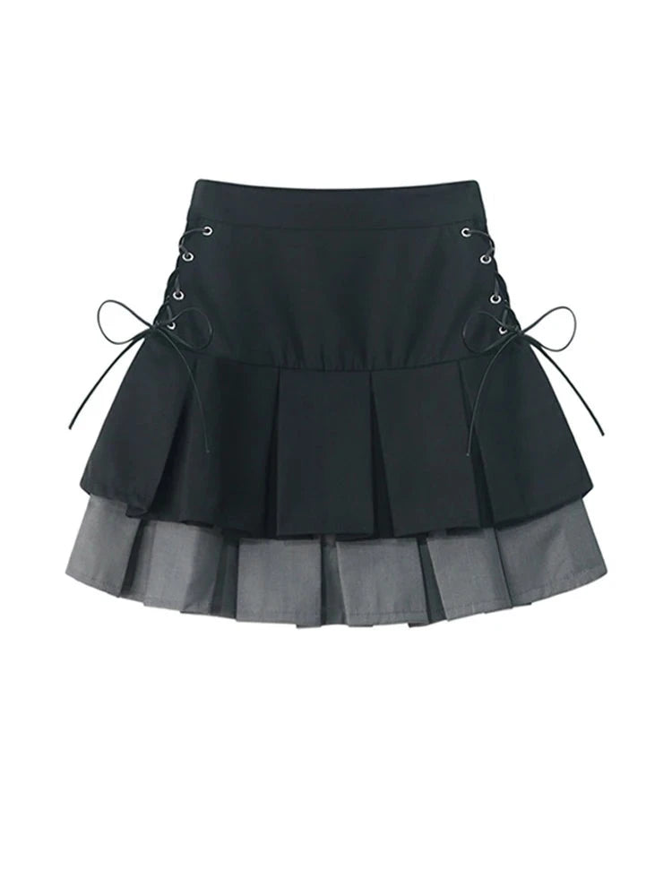 Aiertu Women's Pleated Skirt Kawaii Gothic Black Mini Skirt Korean High Waist Y2k Harajuku Vintage Bandage A-line Skirt Clothes Summer Aiertu