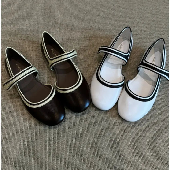 AIERTU  -  French Style Flat Bottom round Head Pearl Embellished Mary Jane Shoes Women's Slip-On Shoes with Magic Tape Spring New Arrival Aiertu