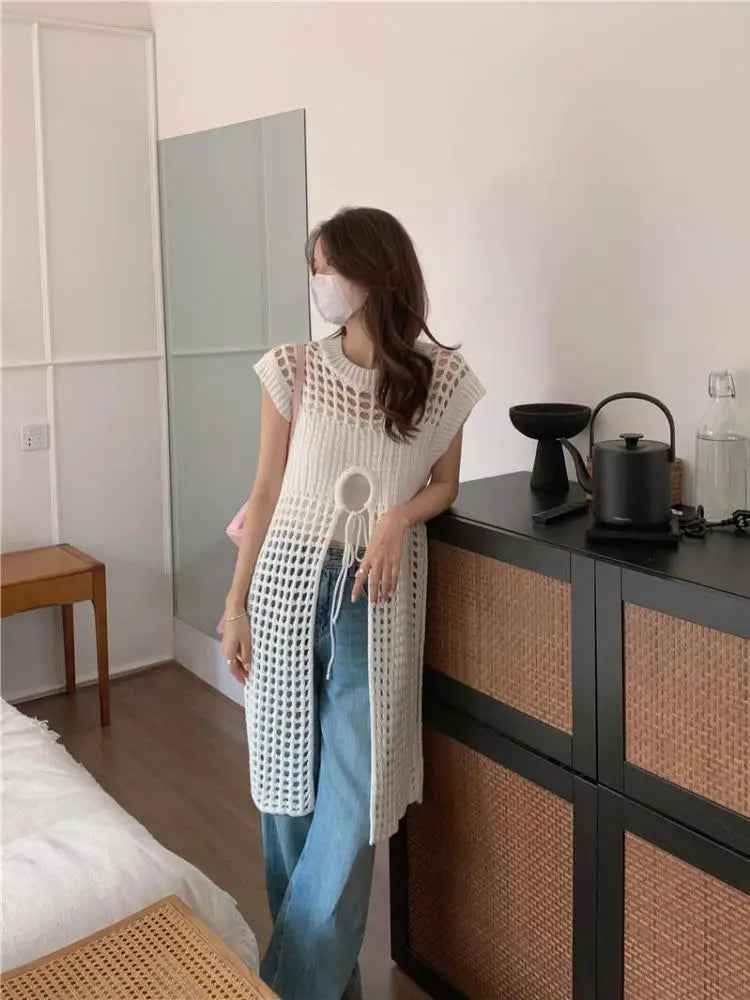 Aiertu Retro Niche Folded Wear Hollowed Out Knitted Mesh White Dress Summer Design Sense Loose Sundress Smock Can Be Worn Double-sided Aiertu