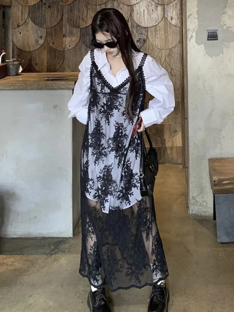 Aiertu Y2k Coquette Beach Sexy Floral Flower Embroidery Black Slip Long Dress Women Sundress Holiday Vacation Maxi Dresses Aiertu