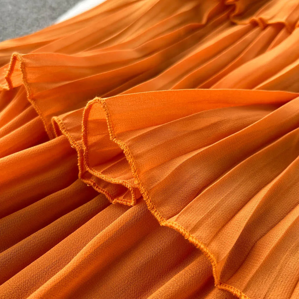 Aiertu Spring French Style Chiffon Long Dress 2023 Long Sleeve Single Breasted Fashion Belt Women A-Line Elegant Party Dress Aiertu