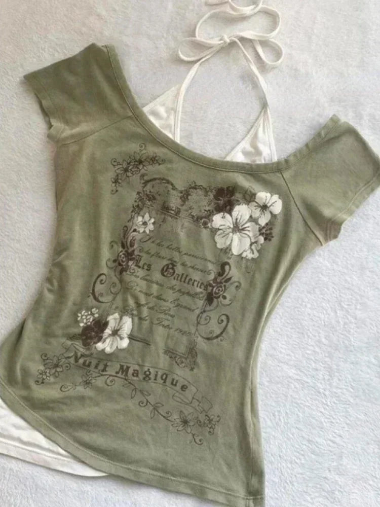 Aiertu Summer Fake Two Pieces Halter Bandage Vintage T-shirts Y2k Aesthetic Slim Crop Tops Women Grunge Print Harajuku Casual Sexy Tee Aiertu