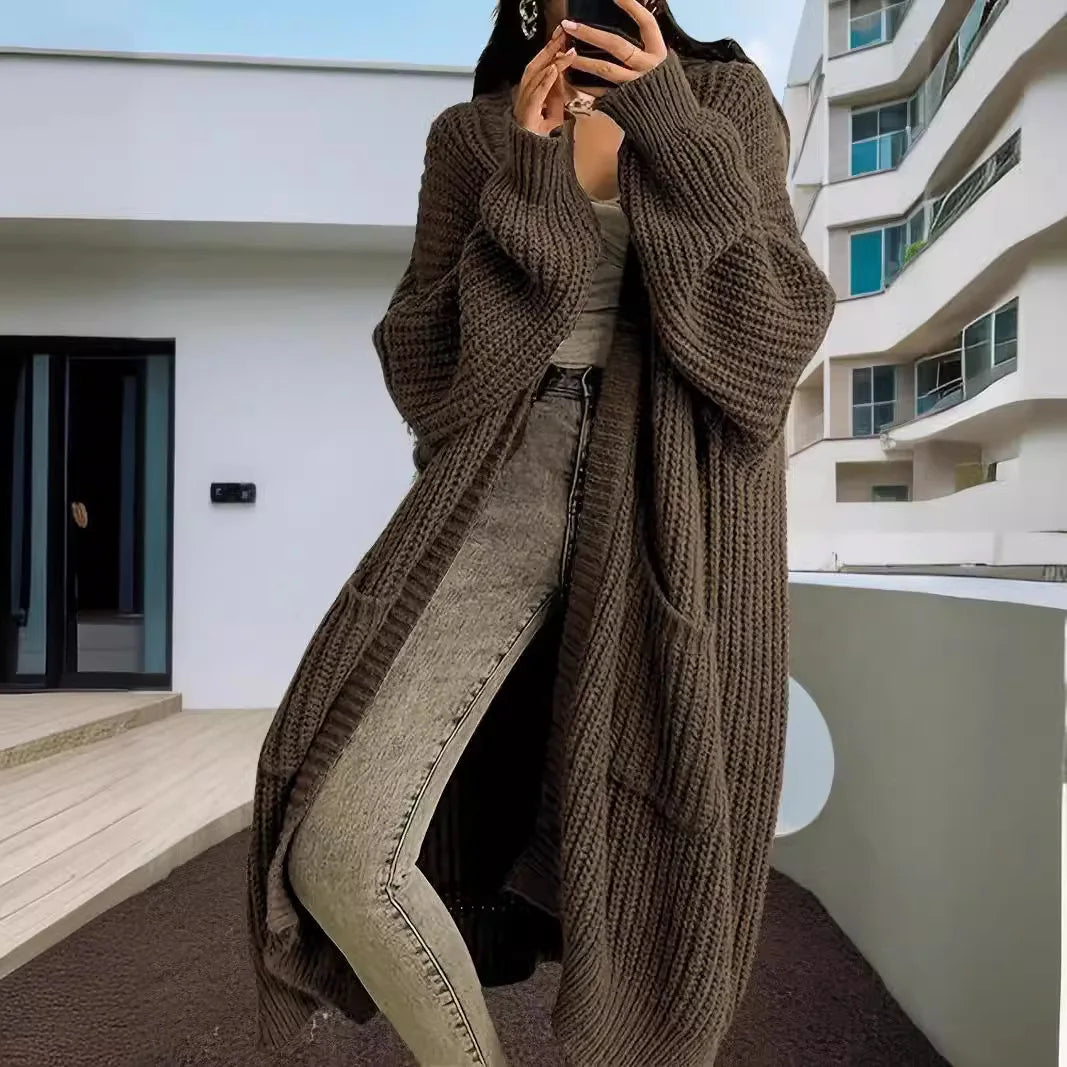 Women Pockets Sweater Cardigan Kintted Jacket Spring Autumn Crochet Loose Long Winter Maxi Warm Jumper Coat Cardigans Aiertu