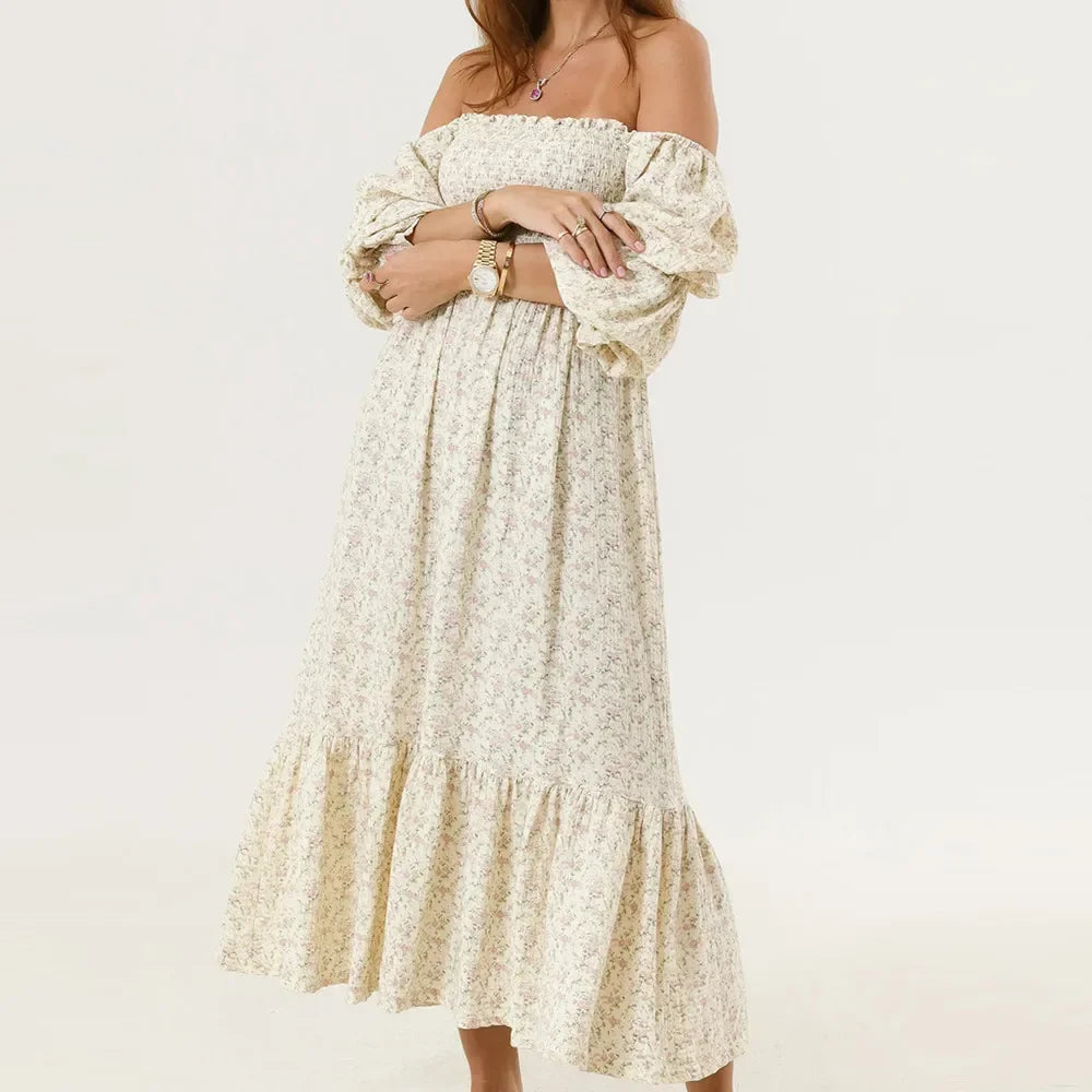 AIERTU  -  Woman Vintage Floral Dress Puff Long Sleeve Off Shoulder Ruffle Long Dress Spring Fall Casual Vintage Bohemian Dresses Aiertu