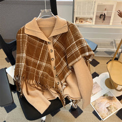 AIERTU  -  Checkered Tassel Shawl Fake 2Piece Knitted Cardigan Women's Autumn Winter New Lapel Thickened Sweater Trendy Casual Tops Aiertu