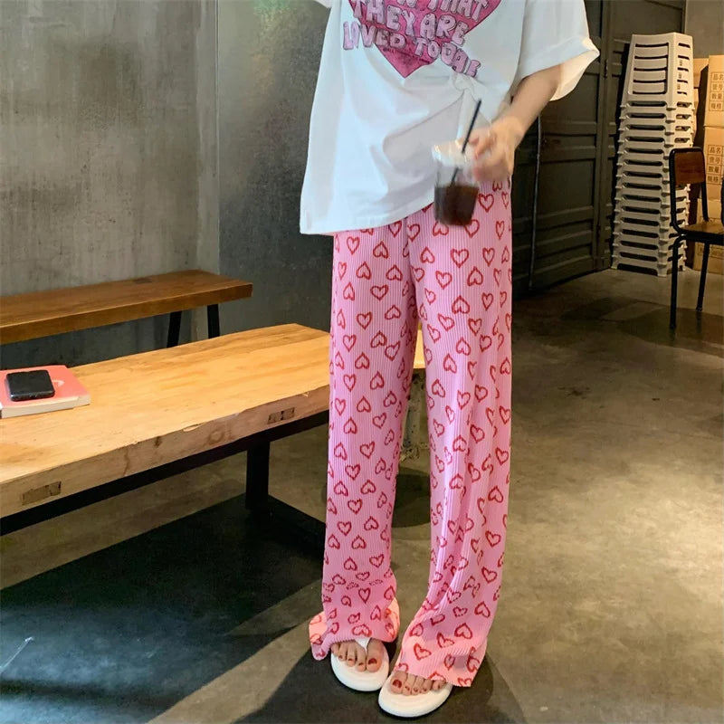 Aiertu Harajuku Y2K Pink Pants Heart Printed Sweet Trousers Vintage Aesthetic Party Pants Pockets Joggers Outfits Women New Streetwear Aiertu