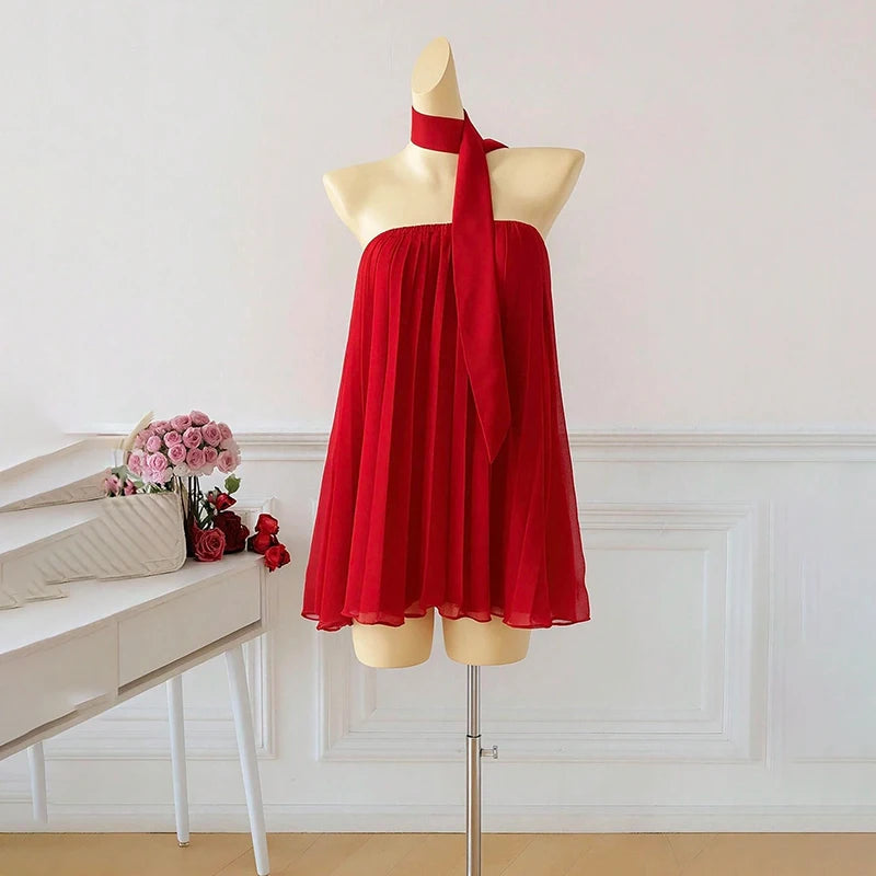 AIERTU  -  Elegant Sexy Backless Chiffon Dress for Women Strapless Elastic Ruched Fluffy A-line Party Prom Evening Holiday Mini Dress Aiertu
