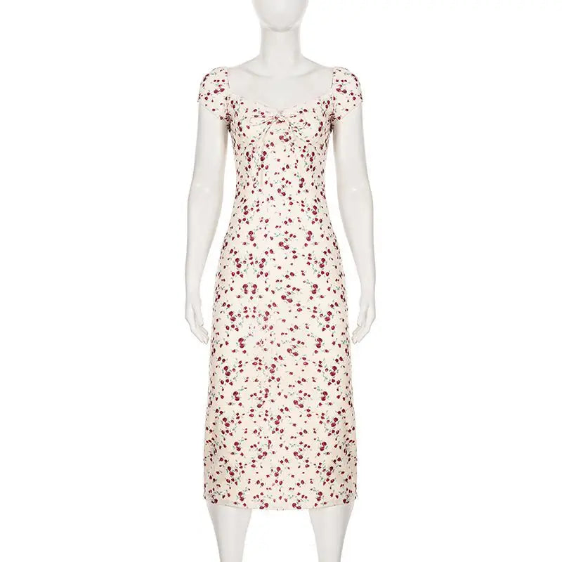 AIERTU  -  French Retro Rose Floral Dress with Waist and Thin Folds Pure Lust Sweet and Spicy Temperament Long Dress Aiertu