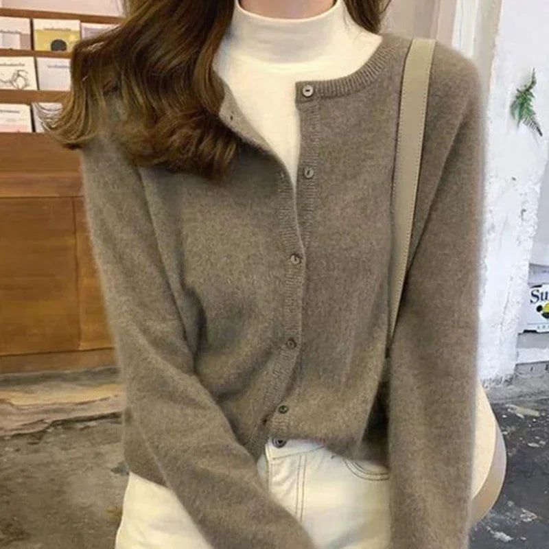 Aiertu Cold Weather Outfits Fall Solid Color Knitted Cardigan Women Korean Single Breasted Long Sleeve Jumper Woman Round Neck All Match Sweater Outwear Top Aiertu