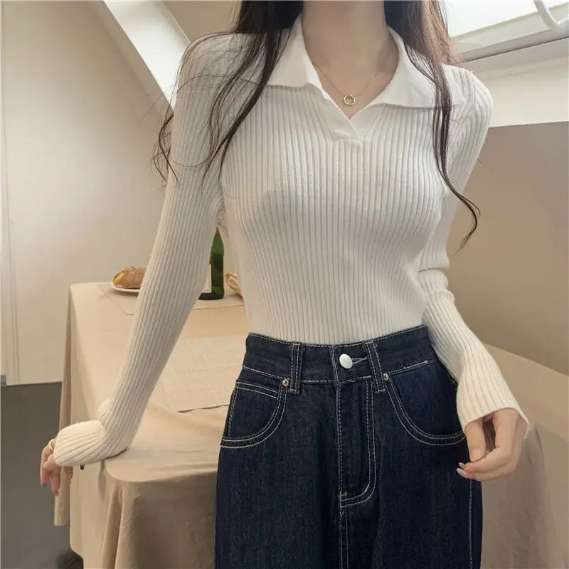 Aiertu FALL OUTFITS Knitted T Shirts For Women Clothes Streetwear High Quality Clothing Womens Polo Neck Tee Shirt Aesthetic Hot Top Vintage Striped aiertu