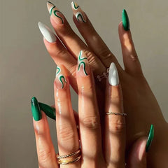 Aiertu 24Pcs Simple Green French False Nails Short Almond Fake Nails with Wave Line Design Wearable Round Head Press on Nail Tips Aiertu