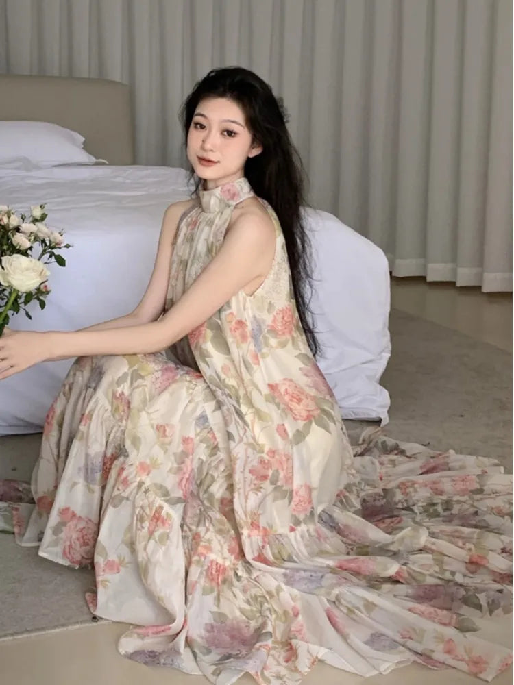 Aiertu Women Elegant Floral Print Maxi Dresses Summer New Fashion Sleeveless Loose Ruffle Y2k Dress Beach Birthday Party Robe Aiertu