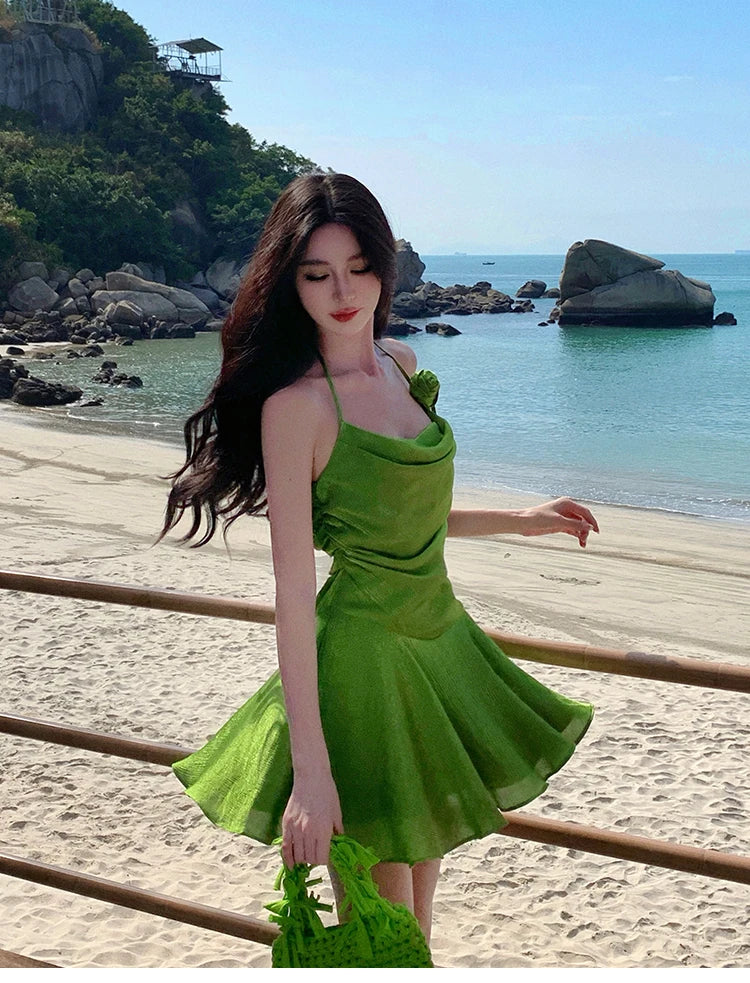 Aiertu Summer Green Sleeveless Slip Sexy Club Vacation Elegant Pleated Mini Dress 2024 New Fashion Evening Party Dress Women Streetwear Aiertu