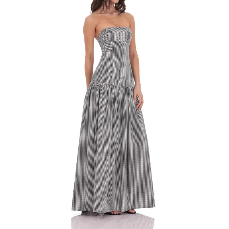 AIERTU  -  Pink Elegant Maxi Long Dresses Pleated Ruched Off Shoulder Women A-Line Party Vintage Gingham High Street  Slash Sexy Summer Aiertu