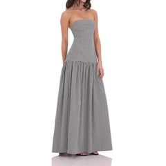 AIERTU  -  Pink Elegant Maxi Long Dresses Pleated Ruched Off Shoulder Women A-Line Party Vintage Gingham High Street  Slash Sexy Summer Aiertu