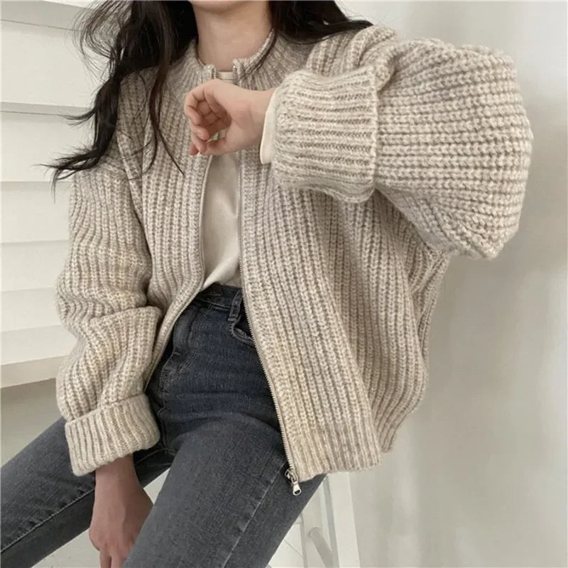 Aiertu Autumn Women's Knitted Jacket New Korean Chic Casual Sweater Coat Solid Color Zipper Thick O Neck Cardigans Women aiertu