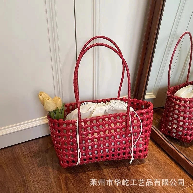 AIERTU  -  Handmade Woven Straw Handbag Portable Crochet Cabbage Basket Beach Vacation Travel Daily Commute Summer Shoulder Bag 30x13x16cm Aiertu