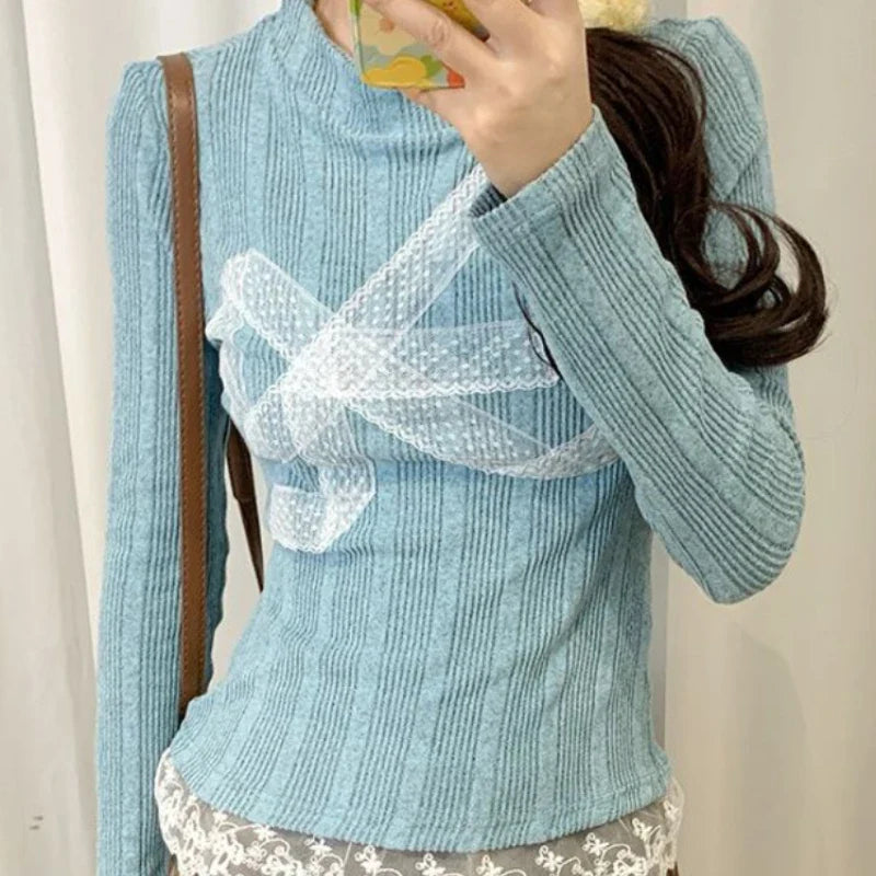 Aiertu Korean Style Y2k Knitted Pullover Women Bow Lace Long Sleeve Sweaters Harajuku Vintage Patchwork Knitwear Pullovers Aiertu