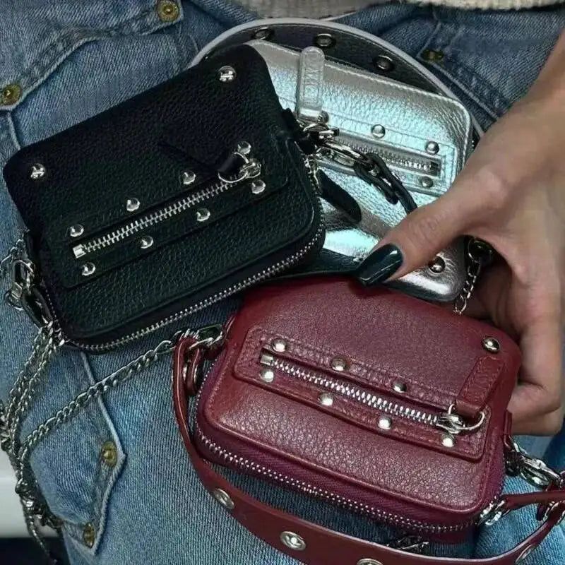 AIERTU  -  Motorcycle Rivet Chain Crossbody Carry Small Square Bag Wallet Fashionable Hanging Bag Hip Hop Retro Street Trend Mini Card Bag Aiertu