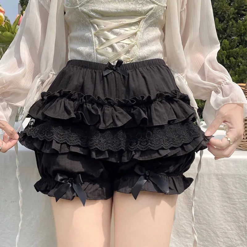 Autumn Winter Warm Lolita Safety Short Pants Women Sweet Chic Plush Bloomers Japanese Y2k Lace Bow Knickers Harajuku Cute Shorts Aiertu