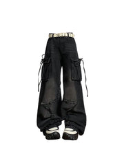 Aiertu Women's Black Gothic Baggy Cargo Jeans with Star Harajuku Y2k 90s Aesthetic Denim Trousers Emo 2000s Jean Pants Vintage Clothes Aiertu