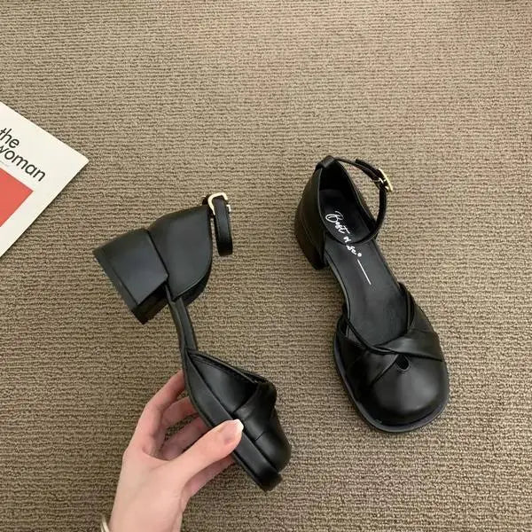 Sandals Shallow Mouth Comfort Shoes for Women Summer Heels Buckle Med Suit Female Beige Mary Jane New Girls Block Retro Fas Aiertu