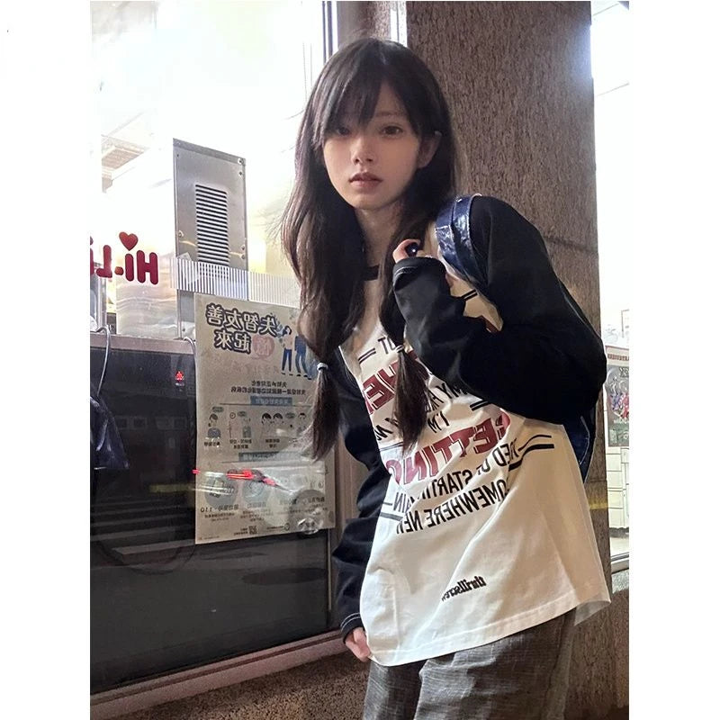 Aiertu Casual Loose Preppy Letter Print Tshirts Patchwork Contrast Color Trendy T-shirts Women Streetwear Grunge Long Sleeve Tees Y2k Aiertu