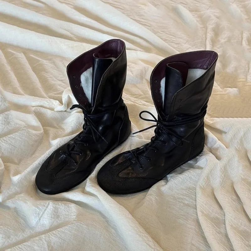 AIERTU  -  New Women's Shoes Retro Luxury Genuine Leather Motorcycle Boots for Woman Fashion Lace Mid Calf Boots Designer Shoes Botas Mujer Aiertu