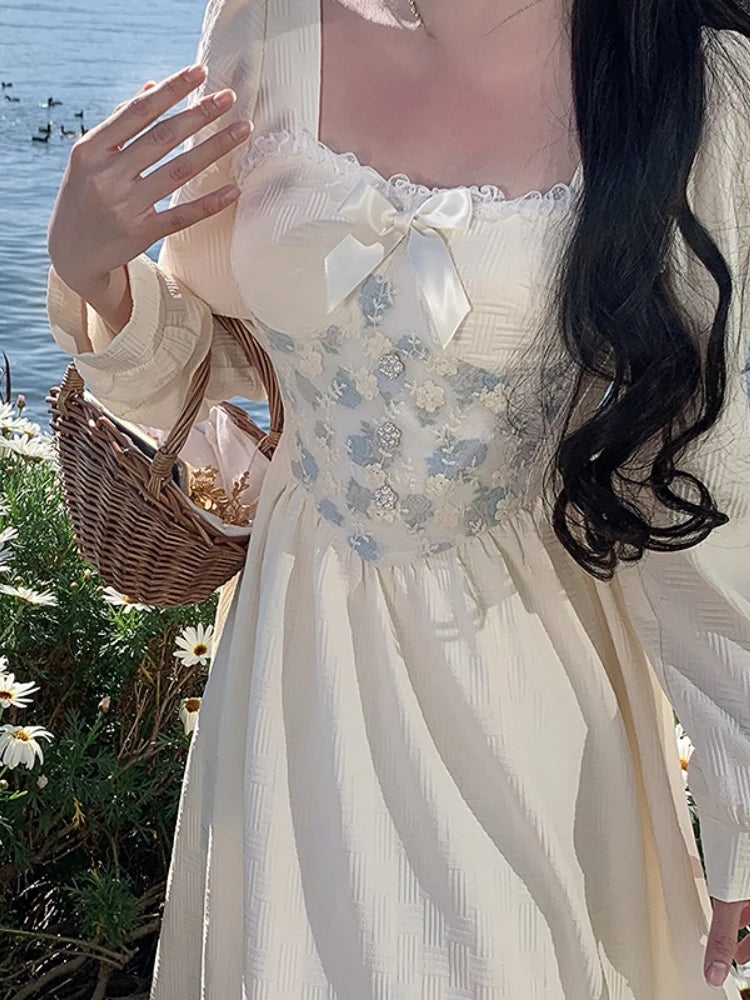 Aiertu Floral Print Vintage Sweet Dress Women Lace Elegant Evening Party Midi Dresses Ladies Long Sleeve French Retro Dress Summer Aiertu