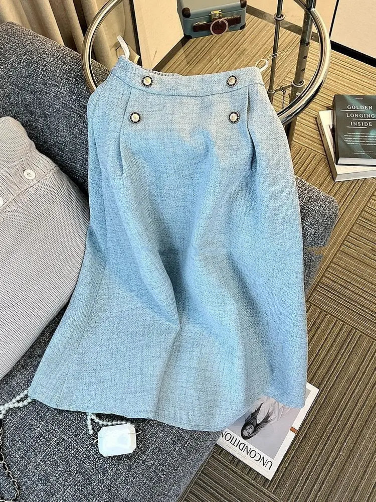 Aiertu Suit Short Long-Sleeved Jacket + Skirt Little Fragrance Blue 2024 Fall Two Piece Sets For Women Royal Sister Sense Of Luxury Aiertu