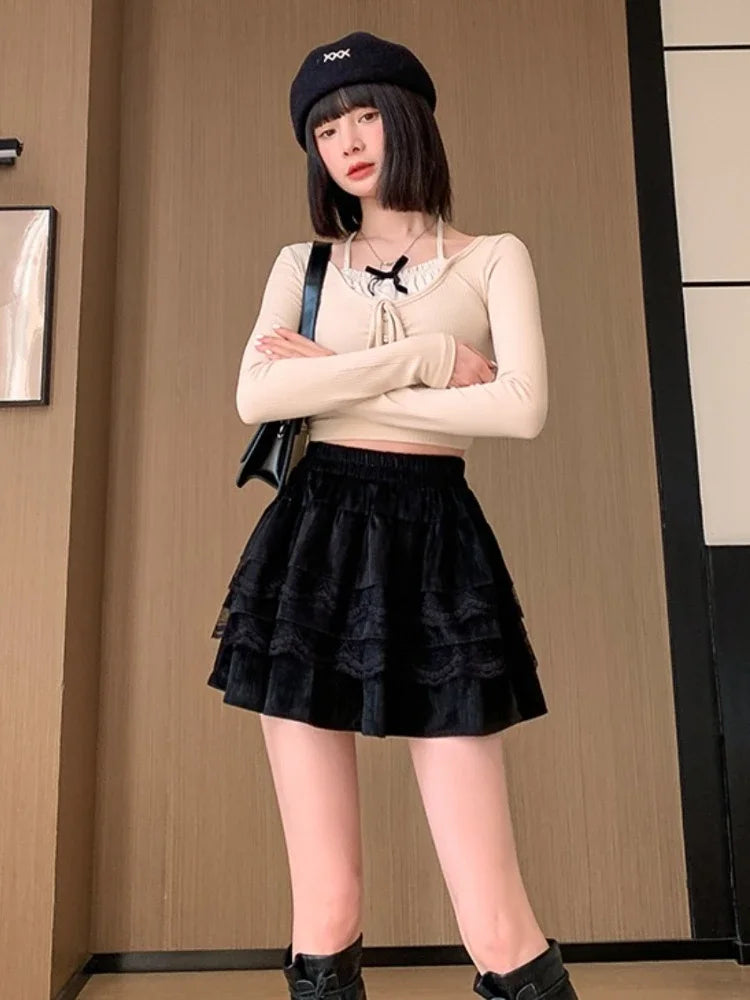 Aiertu Coquette Y2k Lace Cake Mini Skirt Sweet Girls Kawaii Cute Ruffles Patchwork Skirt 2024 Spring Japanese Harajuku Aiertu
