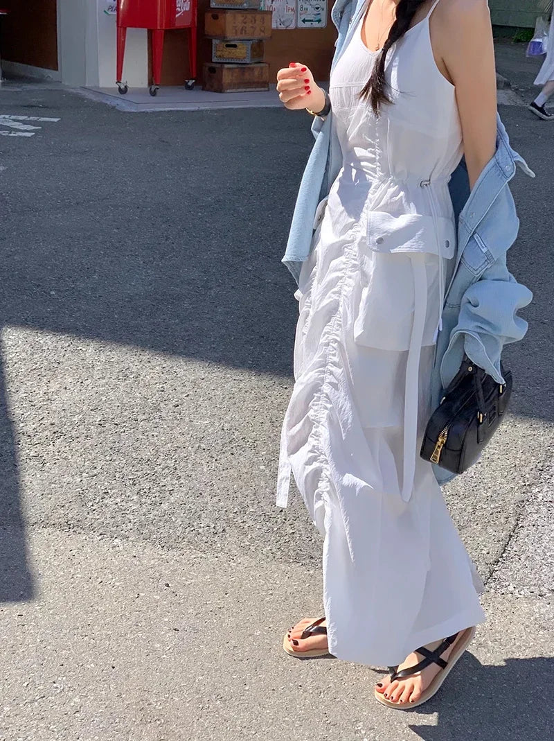Aiertu Korean Fashion New Summer Dress Women Pleated Design Large Pockets Waisted Midi Dress Female Sleeveless Solid Black Long Dresses Aiertu