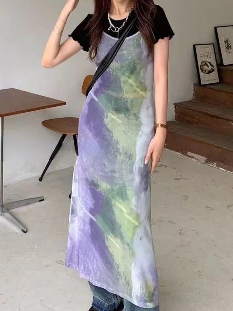 Aiertu Vintage Tie Dye Print Mesh Dress Women Sexy Y2k Spaghetti Strap Maxi Dresses Korean Fashion 2 Piece Set Robe Vestidos Aiertu