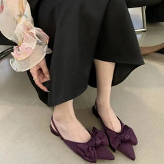 New Summer Luxury Bow Tie Purple Sandals for Women Silk Fairy Style Pointed Flat Bottomed Singles Shoes French Flat Aiertu