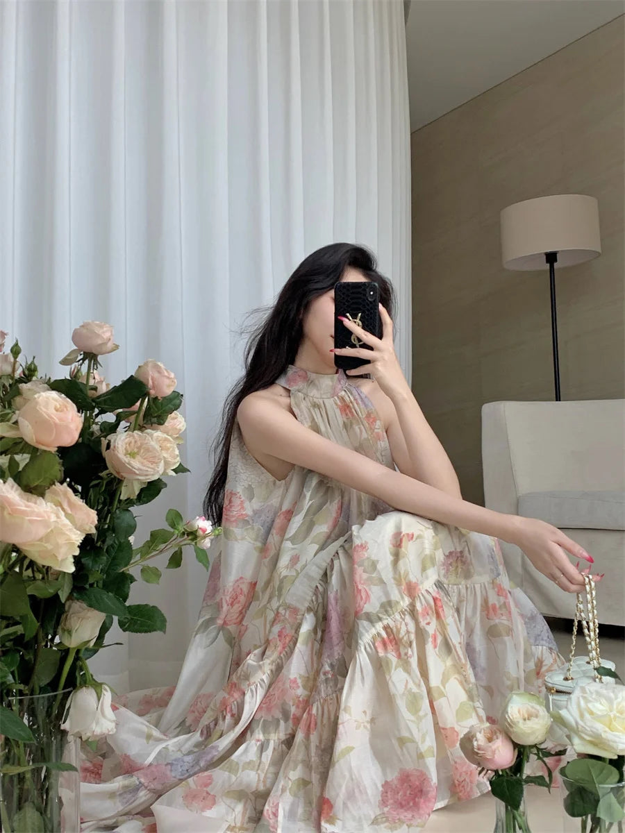 Aiertu Women Elegant Floral Print Maxi Dresses Summer New Fashion Sleeveless Loose Ruffle Y2k Dress Beach Birthday Party Robe Aiertu