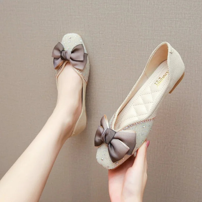 moccasins women silk lace bow flat shoes square toe soft bottom slip on loafers woman ballet flats platform shoes Aiertu